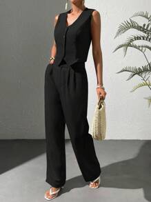 Chiquease Solid Button Front Vest Blazer & Wide Leg Trousers - Black - View 3