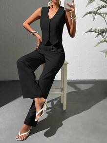 Chiquease Solid Button Front Vest Blazer & Wide Leg Trousers - Black - View 4