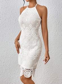 SHEIN Privé Ren Guipure Halter Neck Không lưng Đầm - trắng - Xem 3