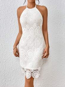 SHEIN Privé Ren Guipure Halter Neck Không lưng Đầm - trắng - Xem 4