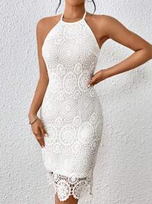 SHEIN Privé Ren Guipure Halter Neck Không lưng Đầm - trắng - Xem 6