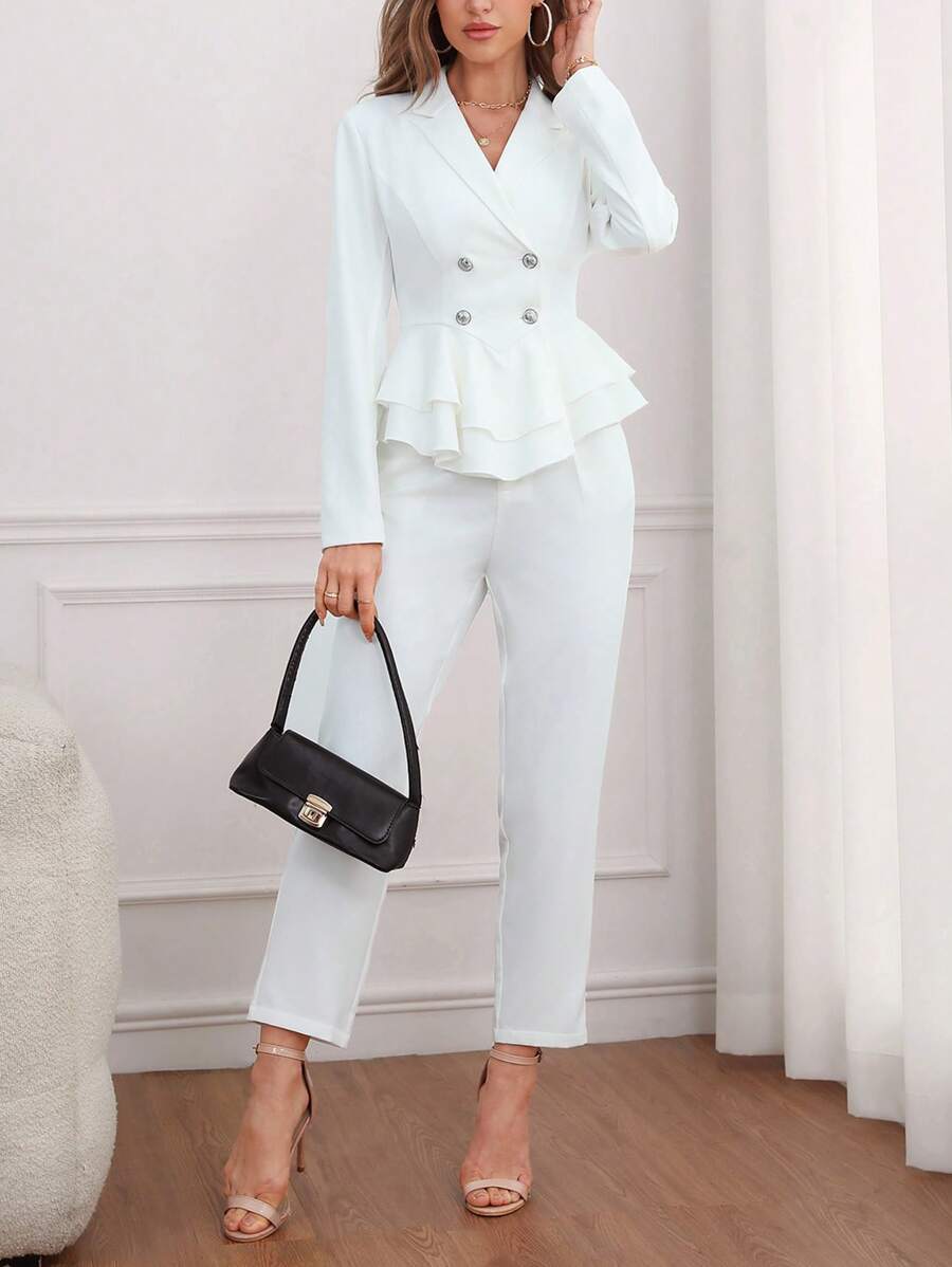 SHEIN Privé Double Breasted Peplum Blazer & Pants - White - View 1