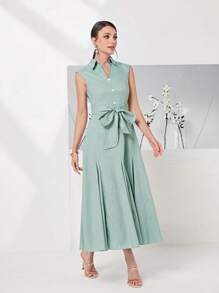 Modelyn 100% Cotton Solid Button Front Belted Dress - Mint Green - View 2