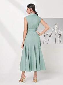 Modelyn 100% Cotton Solid Button Front Belted Dress - Mint Green - View 3