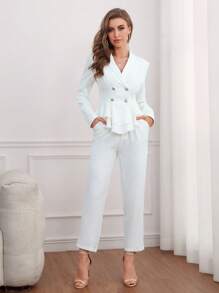 SHEIN Privé Double Breasted Peplum Blazer & Pants - White - View 3
