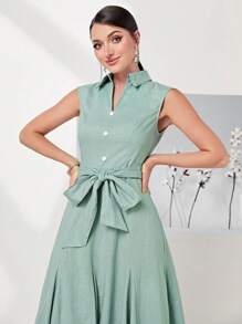 Modelyn 100% Cotton Solid Button Front Belted Dress - Mint Green - View 5