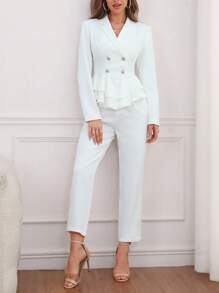 SHEIN Privé Double Breasted Peplum Blazer & Pants - White - View 5