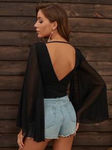 SHEIN Swim Summer Surplice Neck Bell Sleeve Cover Up - Black - View 2