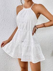SHEIN VCAY Lỗ gắn thêu Xù Hoa Sen Thắt lưng Váy dây - trắng - Xem 3