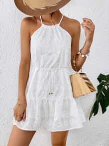 SHEIN VCAY Lỗ gắn thêu Xù Hoa Sen Thắt lưng Váy dây - trắng - Xem 5