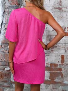 SHEIN VCAY 單肩褶邊上衣和圍裹下擺半身裙 - 玫紅色 - 查看 2