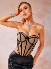 Allurite 撞色滾邊緊身上衣抹胸上衣 - 杏色 - 查看 4