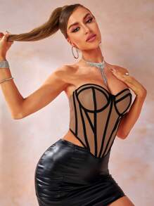 Allurite 撞色滾邊緊身上衣抹胸上衣 - 杏色 - 查看 7