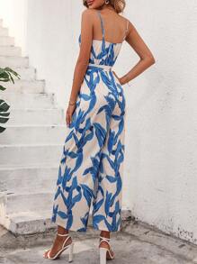 SHEIN VCAY Bản in nhiệt đới Thắt lưng Bộ áo liền quần Cami - Nhiều màu - Xem 2