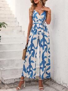 SHEIN VCAY Bản in nhiệt đới Thắt lưng Bộ áo liền quần Cami - Nhiều màu - Xem 7