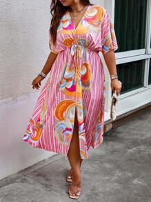 SHEIN Holidaya Plus Allover Print Batwing Sleeve Knot Front Dress - Pink - View 1