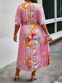 SHEIN Holidaya Plus Allover Print Batwing Sleeve Knot Front Dress - Pink - View 2