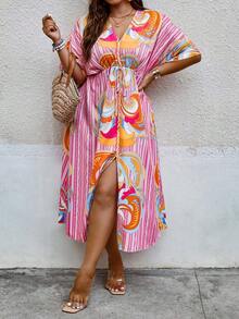 SHEIN Holidaya Plus Allover Print Batwing Sleeve Knot Front Dress - Pink - View 5