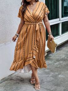SHEIN LUNE 大碼條紋印花荷葉邊圍裹繫腰帶連衣裙 - 棕色 - 查看 1