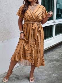 SHEIN LUNE 大碼條紋印花荷葉邊圍裹繫腰帶連衣裙 - 棕色 - 查看 3