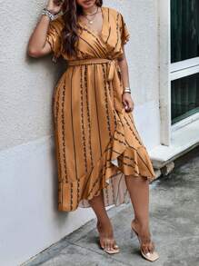 SHEIN LUNE 大碼條紋印花荷葉邊圍裹繫腰帶連衣裙 - 棕色 - 查看 5