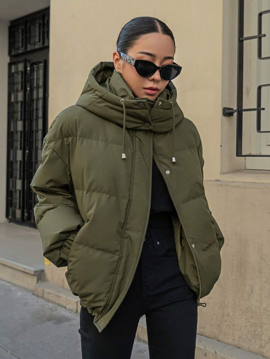 DAZY 贴片细节落肩抽绳连帽夹棉大衣 - 軍綠色 - 查看 1