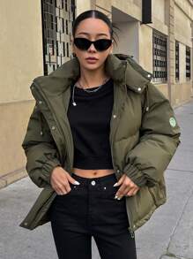 DAZY 贴片细节落肩抽绳连帽夹棉大衣 - 軍綠色 - 查看 6