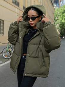 DAZY 贴片细节落肩抽绳连帽夹棉大衣 - 軍綠色 - 查看 10