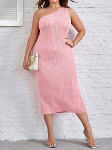 SHEIN Clasi Plus One Shoulder Bodycon Dress - Pink - View 4