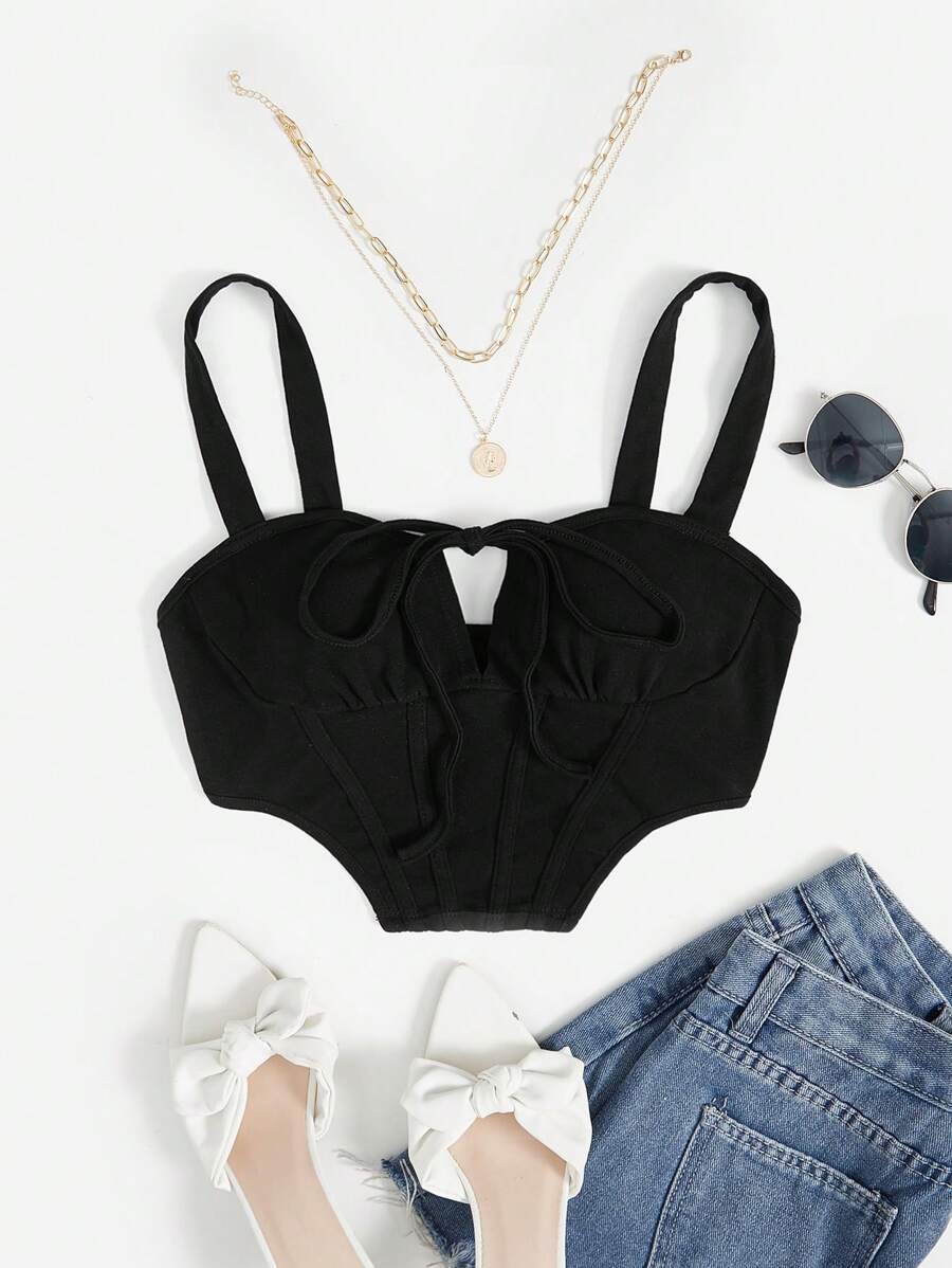 SHEIN EZwear Knot Detail Asymmetrical Hem Cami Top - Black - View 1