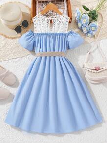 SHEIN 女大童蕾絲拼接挖肩褶邊連衣裙 - 淺藍色 - 查看 2
