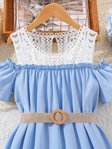 SHEIN 女大童蕾絲拼接挖肩褶邊連衣裙 - 淺藍色 - 查看 4