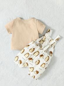 SHEIN Playful Pals Baby Boy Solid Tee & Cartoon Graphic Overall Romper - Multicolor - View 2