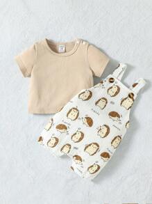 SHEIN Playful Pals Baby Boy Solid Tee & Cartoon Graphic Overall Romper - Multicolor - View 5