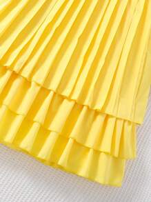 SHEIN 女大童褶邊百褶細節層疊下擺連衣裙 - 芥末黃 - 查看 3