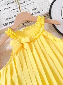 SHEIN 女大童褶邊百褶細節層疊下擺連衣裙 - 芥末黃 - 查看 5