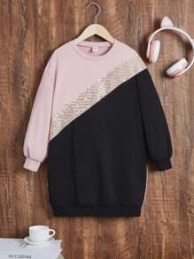 SHEIN Tween Girl Colorblock Contrast Sequin Drop Shoulder Sweatshirt Dress - Multicolor - View 1