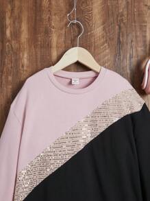 SHEIN Tween Girl Colorblock Contrast Sequin Drop Shoulder Sweatshirt Dress - Multicolor - View 3