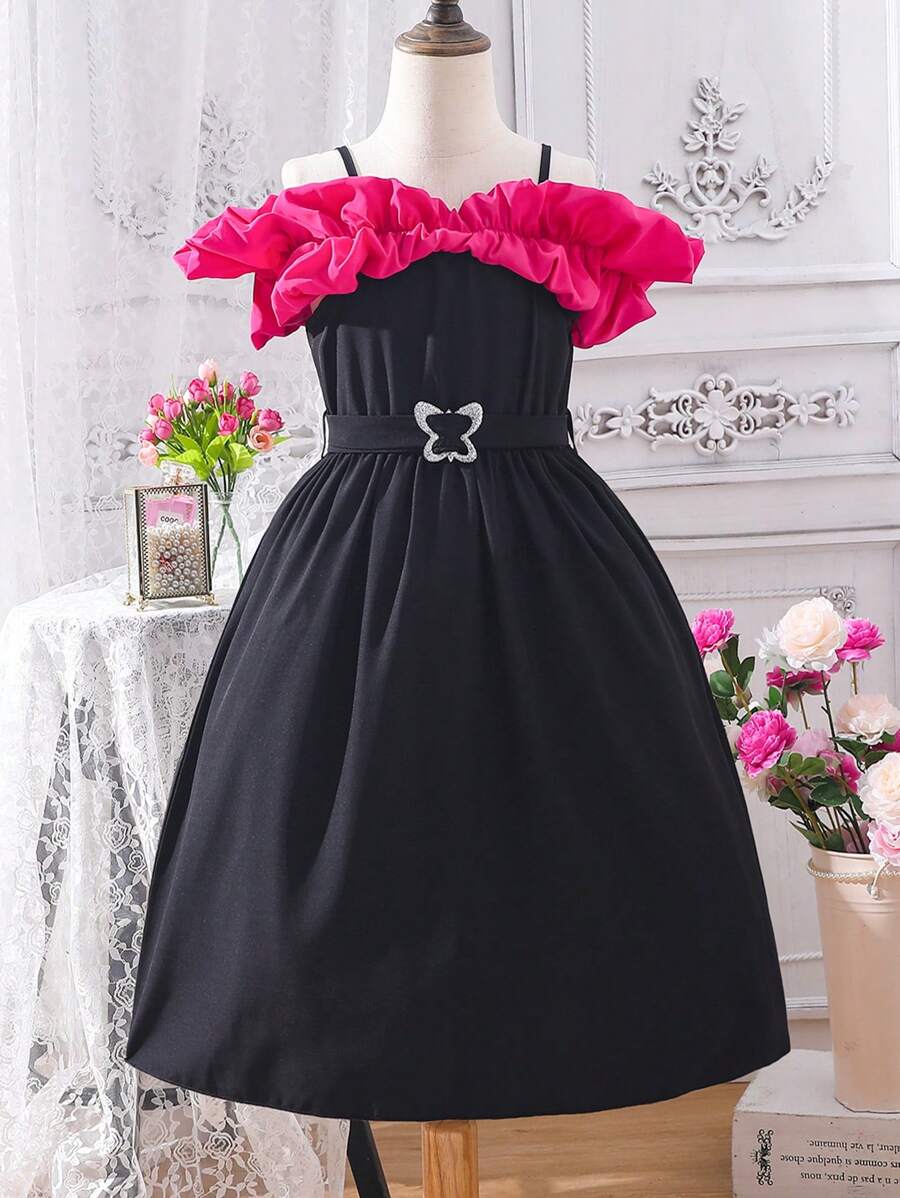 SHEIN Tween Girl Cold Shoulder Ruffle Trim Belted Dress - Black - View 1