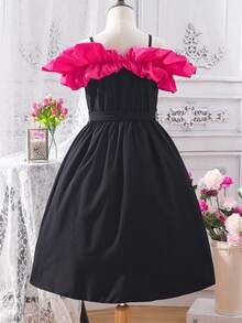 SHEIN Tween Girl Cold Shoulder Ruffle Trim Belted Dress - Black - View 2
