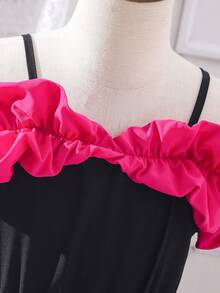 SHEIN Tween Girl Cold Shoulder Ruffle Trim Belted Dress - Black - View 5