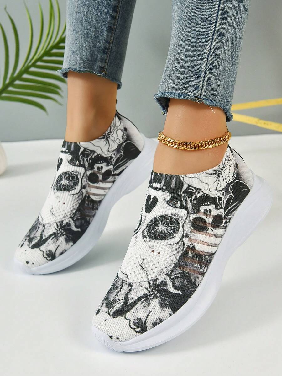 女士骷髏頭圖案一腳蹬跑鞋,運動戶外運動鞋 - 彩色 - 查看 1