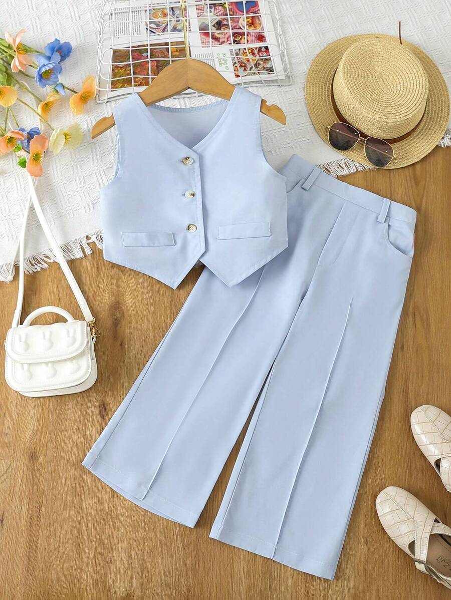 SHEIN Young Girl Button Front Vest Jacket & Wide Leg Trousers - Blue - View 1