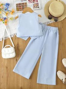 SHEIN Young Girl Button Front Vest Jacket & Wide Leg Trousers - Blue - View 2