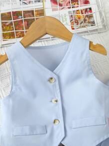 SHEIN Young Girl Button Front Vest Jacket & Wide Leg Trousers - Blue - View 3