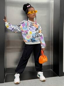 SHEIN Cô gái Tween In Vẽ bậy Thả vai Áo nỉ - Nhiều màu - Xem 4