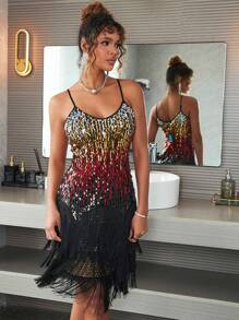 狂歡彩色亮片流蘇下擺吊帶迪斯科洋裝 - 黑色 - 查看 1