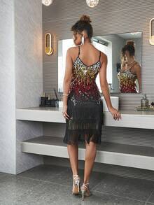 狂歡彩色亮片流蘇下擺吊帶迪斯科洋裝 - 黑色 - 查看 2