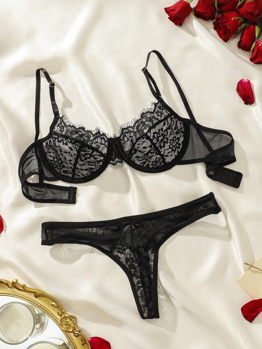 睫毛蕾絲鋼圈內衣套裝 - 黑色 - 查看 1