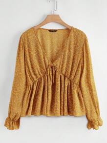 SHEIN LUNE Áo Peplum thắt nút hoa Ditsy Áo Peplum - Màu Mù tạt vàng - Xem 1